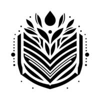 A symmetric, geometric emblem featuring stylized foliage with a central teardrop, surrounded by a bold, black and white design. vector