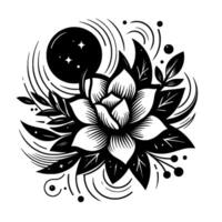 A stylized black and white floral with a central, blooming flower, intertwined with leaves, a crescent moon, stars, and delicate swirling lines, creating an ethereal, artistic composition. vector