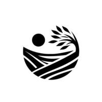 Minimalist black and white circular depicting a cultivated field with a tree and sun, symbolizing natures harmony. vector