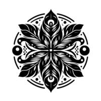Intricate Black and White Mandala Featuring Leafy Petals, Dot Accents, and Circular Border Elements, Representing Harmony. vector