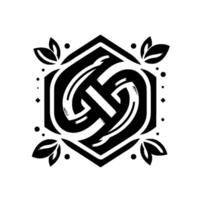 Intricate Black and White Geometric Featuring Intertwined Shapes, Leaf Accents, and a Hexagonal Frame on a White Background. vector