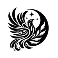 Elegant Black and White Phoenix Rising in Crescent Moon with Stars Symbolic on White Background vector