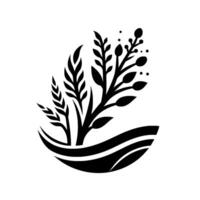 Monochromatic Botanical Illustration A stylized black silhouette of various plants and foliage, arranged within a curved, layered base on a clean white background. vector