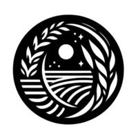 A stylized black and white circular emblem featuring a moonlit night sky above stylized farmland, framed by decorative foliage. vector