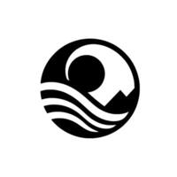 Minimalist circular featuring a black sun, a curved white wave, and a mountain, against a white background. vector