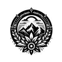 Black and white circular emblem depicting mountain peaks, a stylized rainbow, clouds, floral and leaf elements, and a decorative border. vector