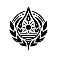 Elegant Black and White Emblem A Stylized Sun and Water Drop Within a Laurel Wreath, Embodying Purity and Strength. vector