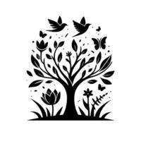 A monochromatic, stylized illustration of a flourishing tree, adorned with leaves, flowers, birds, and butterflies, set against a stark white background. vector