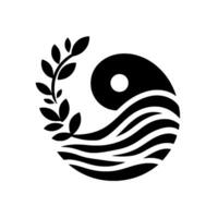 Minimalist YinYang with Laurel Branch and Oceanic Elements, Contrasting Black Shapes on a Clean White Background. vector