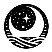 Celestial Circular Illustration Crescent Moon, Starry Sky, Wavy Horizon and Symbolic Celestial Harmony in Black White. vector