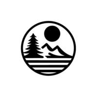 Monochromatic circular featuring a stylized mountain range, pine tree, sun, and striped waterhorizon line, all within a black border on a white background. vector