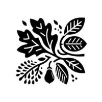 A symmetrical black and white botanical illustration featuring stylized leaves, berries, and a pearshaped fruit on a white background, evoking a sense of nature and design. vector