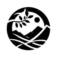 Symbolic monochrome illustration within a circle, featuring mountain silhouettes, a tree branch with leaves, and a sun, evoking a sense of natures harmony. vector