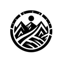 Stylized Monochrome Circular Emblem of Mountains, Sun and Fields in a Modern Geometric Illustration. vector