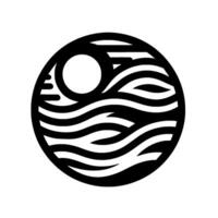 A minimalist black and white circular emblem featuring a sun setting over stylized ocean waves, creating a serene and visual. vector