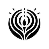 An abstract black and white emblem featuring a stylized flame enclosed within symmetrical, radiating arcs, suggesting growth and illumination. vector