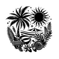 Tropical Beach Paradise A Circular Black and White Composition Featuring Palm Tree, Sun, Beach Ball, and Leisure Elements in a Summer Vibe. vector