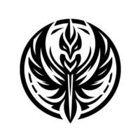 Intricate Black and White Circular Emblem Stylized Wings, Featherlike Details, Central Eye Motif, within Geometric Frame. vector