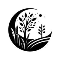 Monochromatic minimalist art depicting a stylized landscape within a crescent moon shape, featuring trees, wheat, rolling hills, and celestial elements. vector