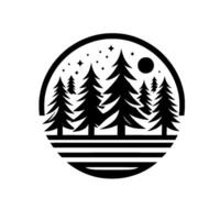 A stylized monochrome illustration within a circle depicting a forest silhouette under a starlit sky and moon, atop striped terrain. vector