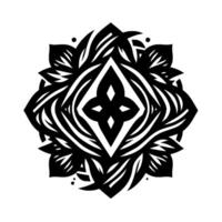 Intricate Black and White Mandala Featuring Geometric Shapes, Floral and Leafy Elements, Centered on a Diamond. vector