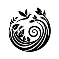 A stylized monochrome depiction of a hummingbird in flight amidst swirling organic forms and foliage, creating a harmonious natural emblem. vector