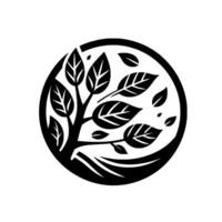Abstract, minimalist black tree within a circle with leaves natureinspired illustration, creating a striking contrast on white. vector