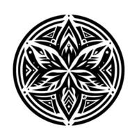 Intricate Black and White Circular Mandala, Floral and Geometric Fusion, Centered Composition, with Delicate Line Work and Symbolic Design. vector
