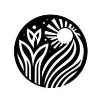 Monochrome Circular Illustration Depicting a Sun Rising Over Fields, Flourishes, and Foliage with Stylized Lines and Dots, Evoking a Sense of Nature and Growth. vector