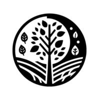 A symmetrical black and white emblem featuring a stylized tree within a circle, divided into day and night, with leaf elements and layered field designs. vector