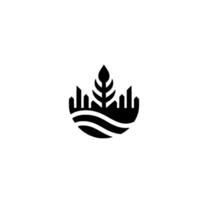 Minimalist black featuring a stylized skyline of buildings with a central leafy element, representing nature and urban integration. vector