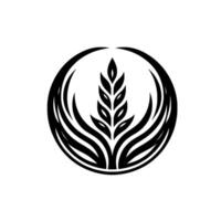 Monochromatic emblem of stylized wheat ears surrounded by a circular arrangement of curving blades, against a white backdrop. vector