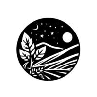 A serene, minimalist illustration of a night landscape inside a circle, featuring starry sky, moon, hills, wheat, and foliage. vector