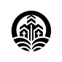 Monochromatic minimalist emblem featuring stylized church buildings and a cross within a circle, set on a white background. vector