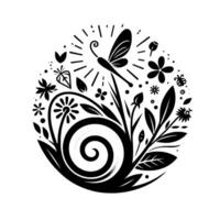 Silhouetted Dragonfly Surrounded by Flowers, Leaves, and a Spiraling Motif, in a Decorative Black and White Circular Composition. vector