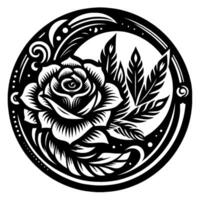 Elegant Black and White Floral Mandala with Rose, Leaves, and Ornate Circular Design, Featuring Fine Lines and a Balanced Composition. vector