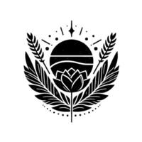 A monochromatic botanical illustration of a lotus flower emerging from a central black circle representing the sun, surrounded by stylized feathers, wheat, and celestial elements. vector