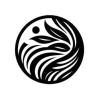 A minimalist black and white circular featuring stylized leaves and flowing organic elements with a dot, evoking balance and nature, on white. vector