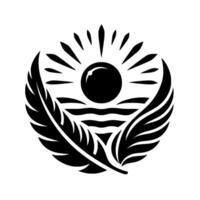 Monochromatic circular emblem featuring a sunburst above wavy lines, flanked by stylized feathers. vector
