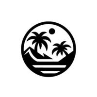 Black and white circular featuring palm trees, mountains, a sun, and ocean waves, conveying a tropical paradise theme. vector