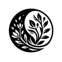 Yin and Yang botanical with flowing floral elements and contrasting black and white segments, evoking balance and harmony within a circular composition. vector