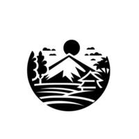 A stylized, minimalist black and white illustration of a Japanese landscape, featuring a mountain, sun, trees, clouds, a building, and tiered fields, all framed within a circular border. vector