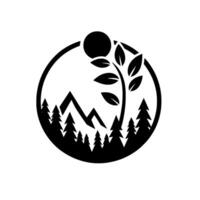 Minimalist Black and White Nature Logo A Circular Composition Featuring Mountains, Forest, Sun, and Growing Plant. vector