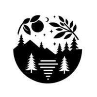 Monochrome Circle Composition Stylized forest silhouette with mountains, lake, sun, crescent moon, stars and foliage elements for a minimalist design. vector