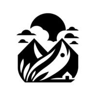 A minimalist black and white depicts a stylized mountain landscape with a house, sun, clouds, and a central fish or whale shape, suggesting a peaceful scene. vector