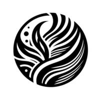 A black and white stylized circular featuring organic, flowing shapes resembling leaves and stylized abstract elements within a clean, minimalist composition. vector