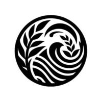 Circular Black and White Emblem A stylized fusion of natures elements, waves and leaves, within a minimalist design. vector