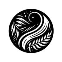 Intricate black and white circular design, depicting stylized feathers and flora embracing a central swirl with starlike elements, evoking a sense of balance and ethereal beauty. vector