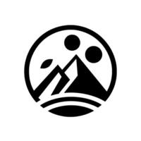 Simplified Black and White Logo Mountain Peaks, Suns, and Leaf Elements in a Circular Frame. vector