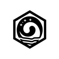 Celestial Swirl A minimalist emblem featuring a stylized wave, stars, and horizontal lines within a hexagonal frame, on a white background. vector